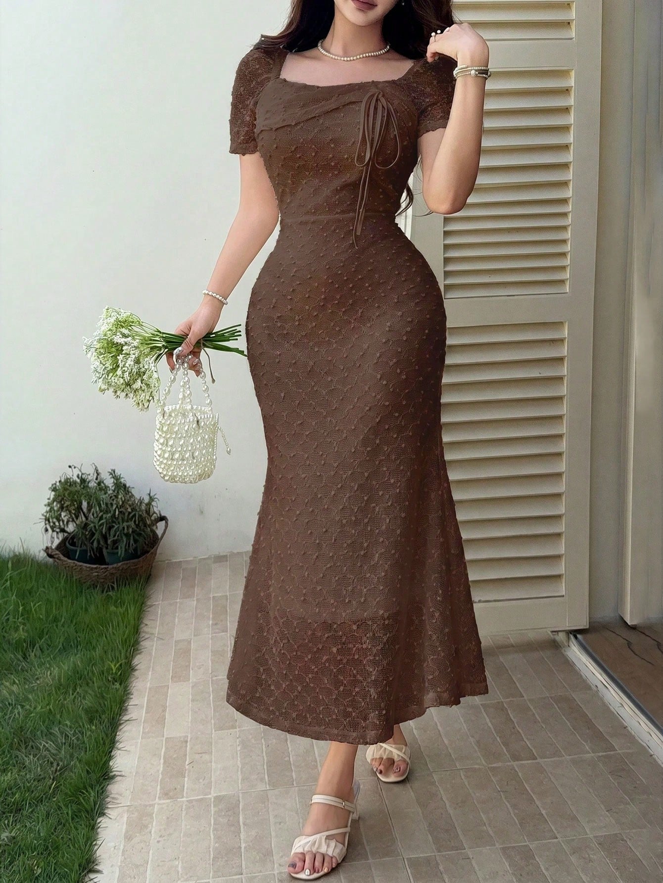 Feyla Women's Summer Elegant Solid Color Textured Mid-Length Dress