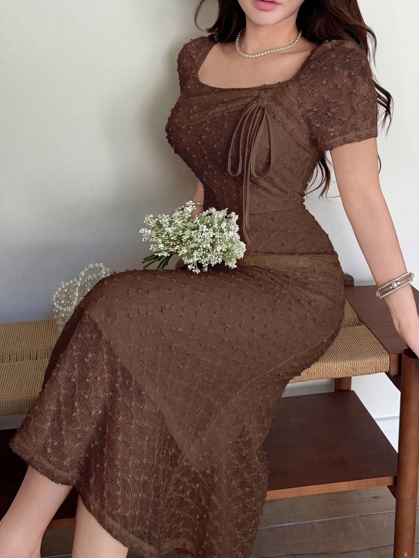 Feyla Women's Summer Elegant Solid Color Textured Mid-Length Dress