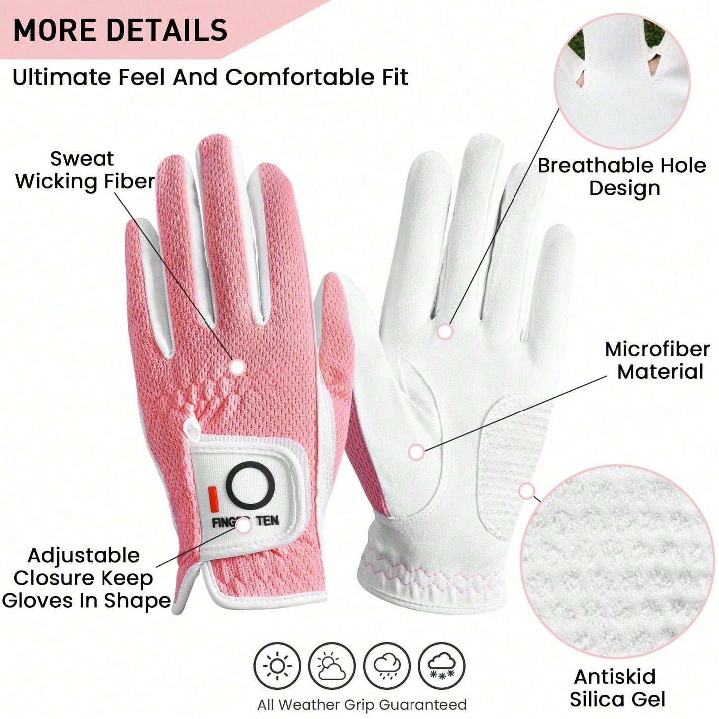 FINGER TEN 1pc Women's Golf Glove Left Hand, Breathable Mesh Material All-Weather Grip, Provides Excellent Feel And Performance, Suitable For Right-Handed Users