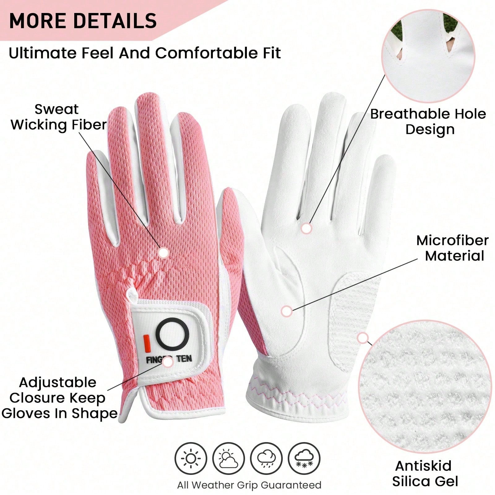FINGER TEN 1pc Women's Golf Glove Left Hand, Breathable Mesh Material All-Weather Grip, Provides Excellent Feel And Performance, Suitable For Right-Handed Users