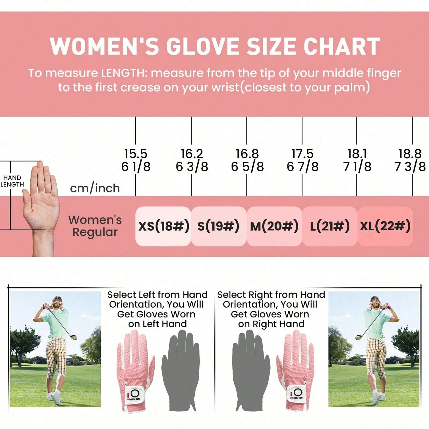 FINGER TEN 1pc Women's Golf Glove Left Hand, Breathable Mesh Material All-Weather Grip, Provides Excellent Feel And Performance, Suitable For Right-Handed Users