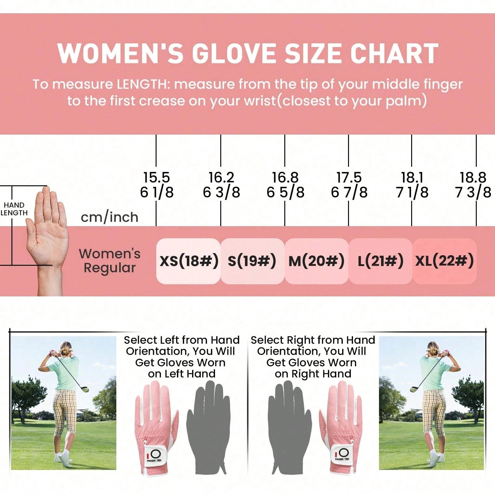 FINGER TEN 1pc Women's Golf Glove Left Hand, Breathable Mesh Material All-Weather Grip, Provides Excellent Feel And Performance, Suitable For Right-Handed Users