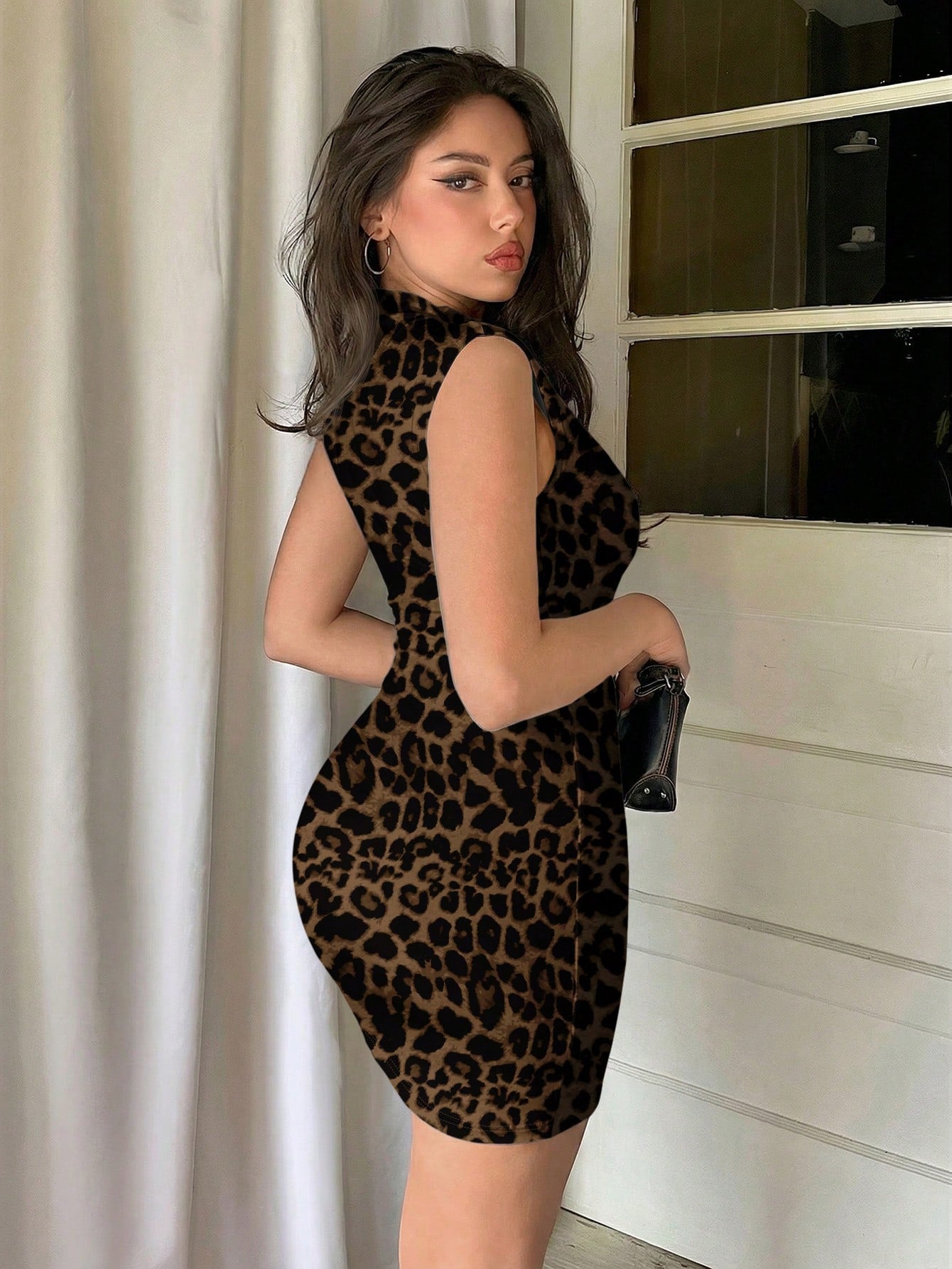 Firerie Elegant Chic Dark Brown Leopard Print Ruched Bodycon Midi Dress,Summer Club Party Cocktail Dress For Wedding Guest,Formal,Vacation,Office,Work