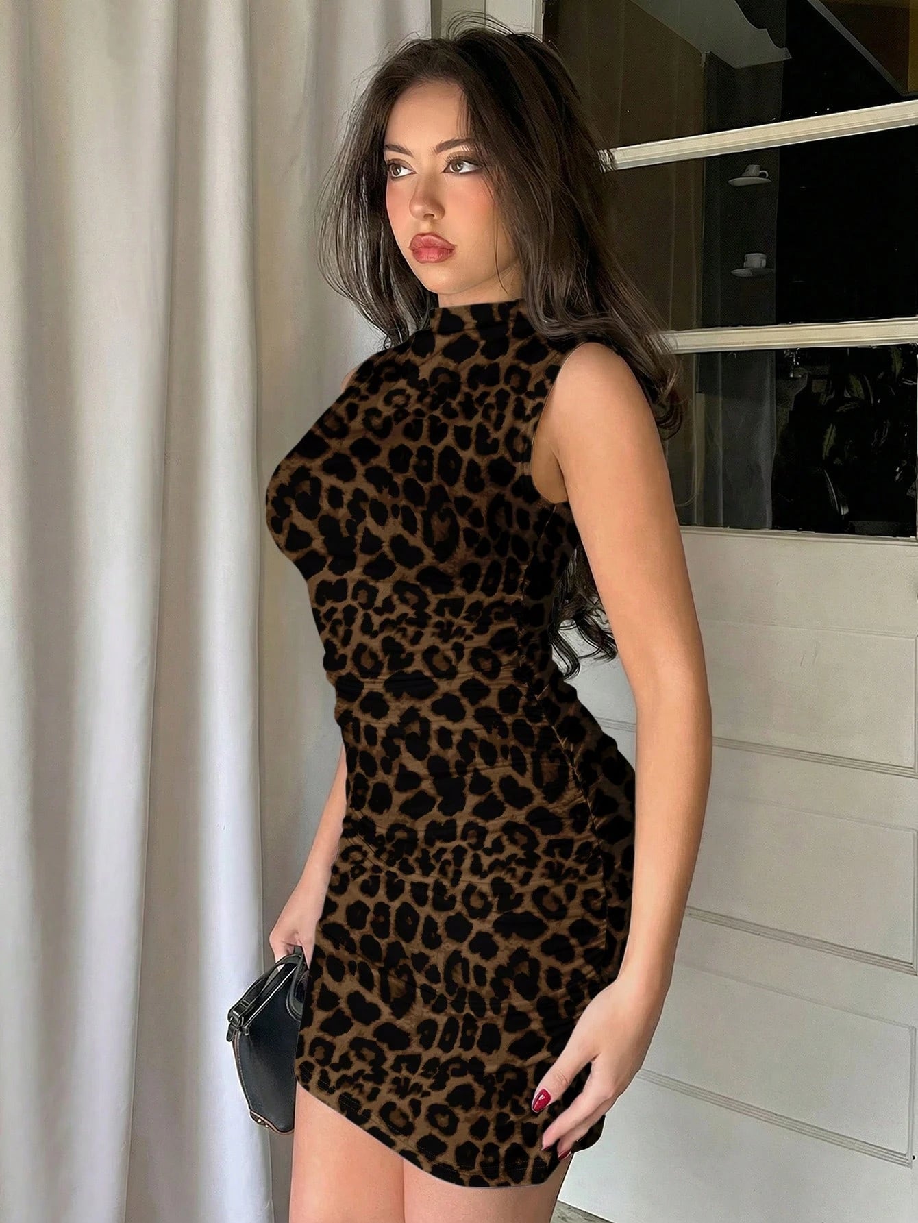Firerie Elegant Chic Dark Brown Leopard Print Ruched Bodycon Midi Dress,Summer Club Party Cocktail Dress For Wedding Guest,Formal,Vacation,Office,Work