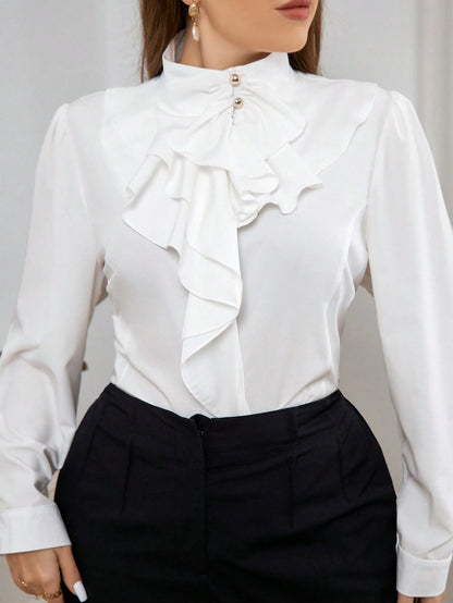 Firerie Elegant Commuting Stand Collar Ruffled Shirt For Women Plus Size Fall