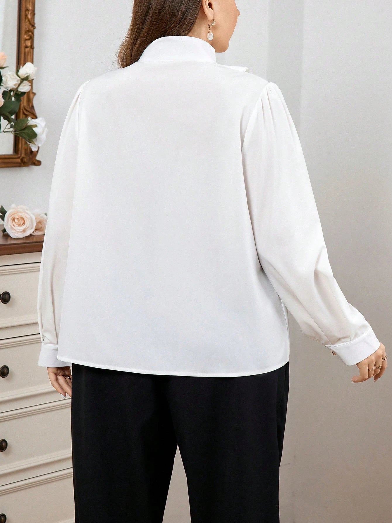 Firerie Elegant Commuting Stand Collar Ruffled Shirt For Women Plus Size Fall