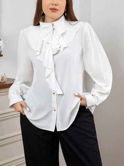 Firerie Elegant Commuting Stand Collar Ruffled Shirt For Women Plus Size Fall