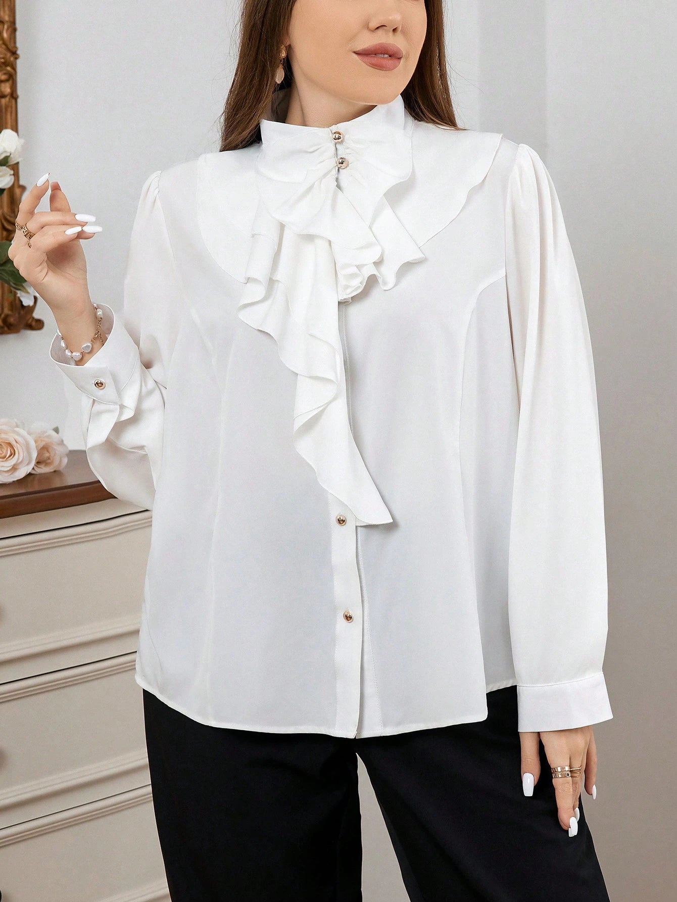 Firerie Elegant Commuting Stand Collar Ruffled Shirt For Women Plus Size Fall