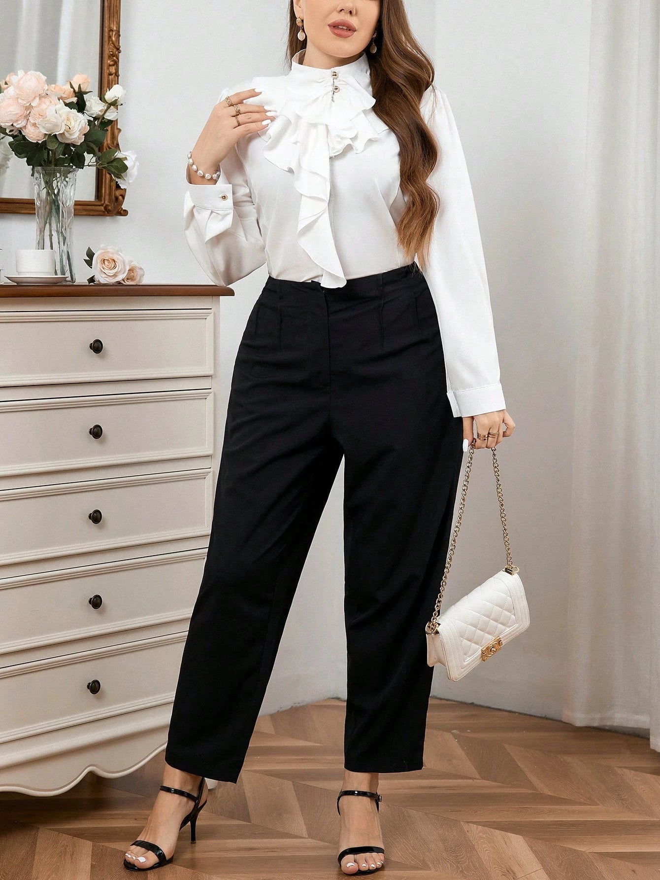 Firerie Elegant Commuting Stand Collar Ruffled Shirt For Women Plus Size Fall