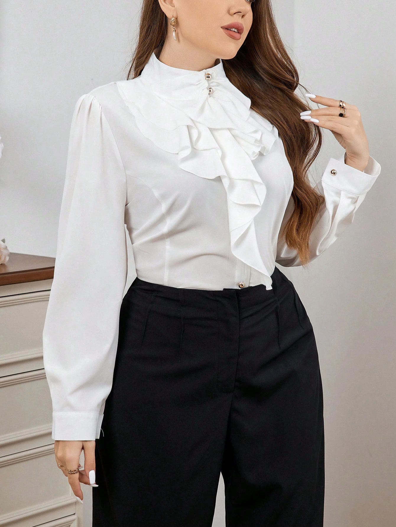 Firerie Elegant Commuting Stand Collar Ruffled Shirt For Women Plus Size Fall