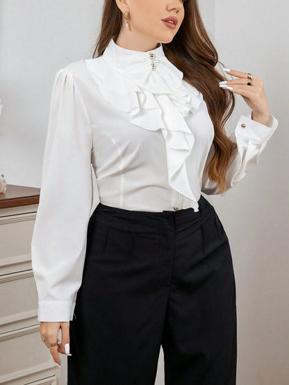 Firerie Elegant Commuting Stand Collar Ruffled Shirt For Women Plus Size Fall