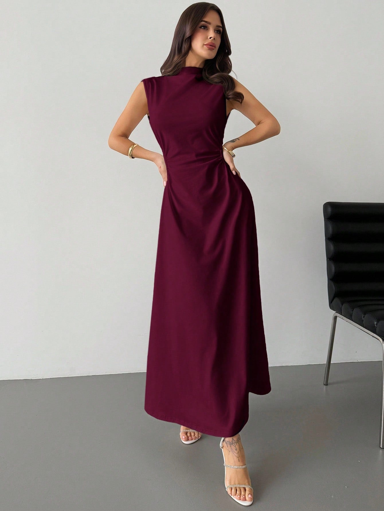 Firerie Elegant Modest Burgundy Summer Dining Dinner Date Dress Women's Ruched A-Line Maxi Mandarin Collar Sleeveless Waist Cinched Bodycon Business Formal