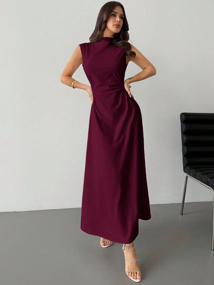 Firerie Elegant Modest Burgundy Summer Dining Dinner Date Dress Women's Ruched A-Line Maxi Mandarin Collar Sleeveless Waist Cinched Bodycon Business Formal
