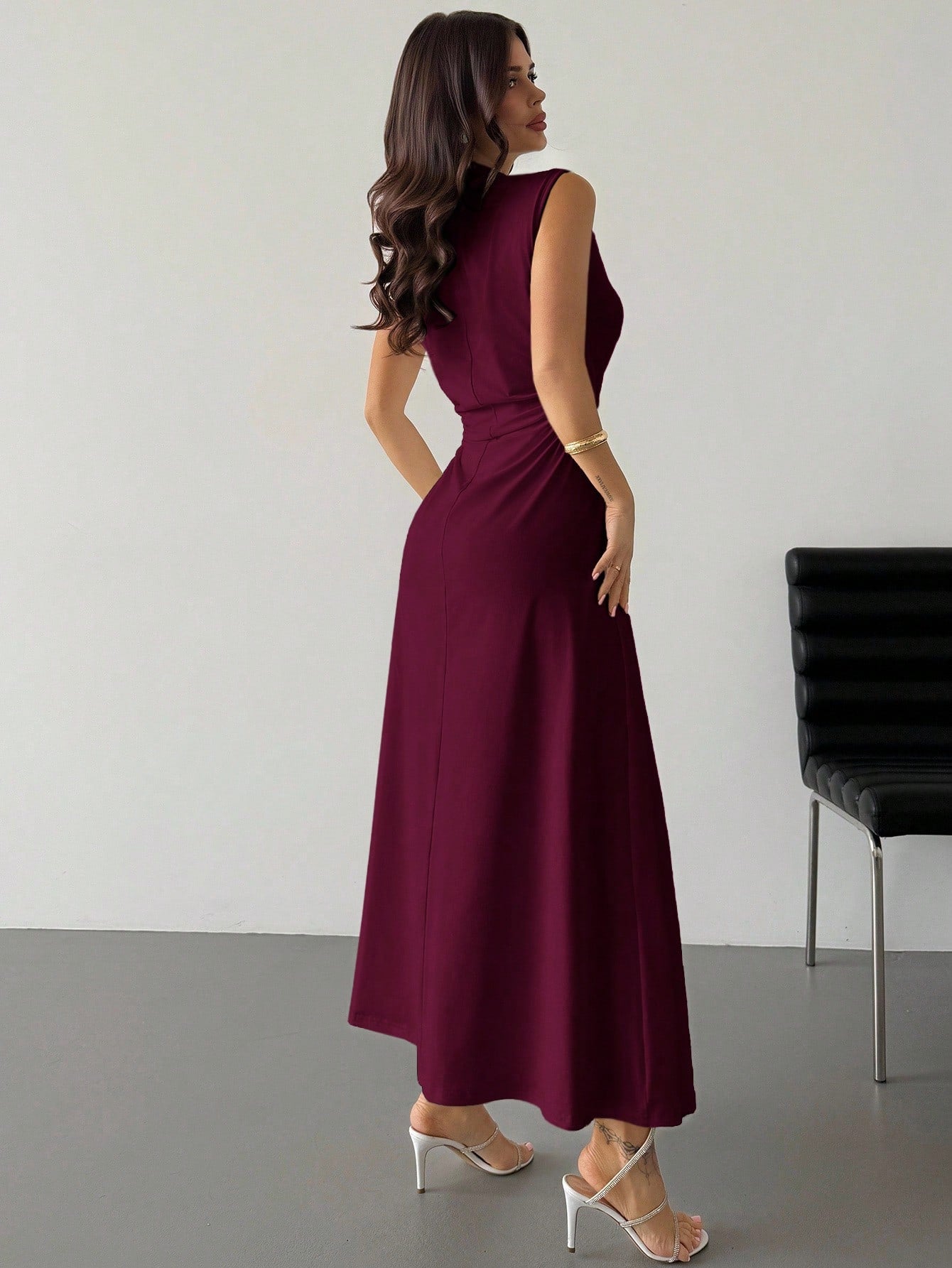 Firerie Elegant Modest Burgundy Summer Dining Dinner Date Dress Women's Ruched A-Line Maxi Mandarin Collar Sleeveless Waist Cinched Bodycon Business Formal