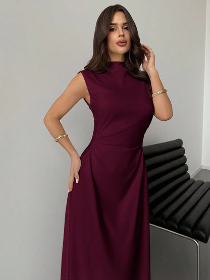 Firerie Elegant Modest Burgundy Summer Dining Dinner Date Dress Women's Ruched A-Line Maxi Mandarin Collar Sleeveless Waist Cinched Bodycon Business Formal