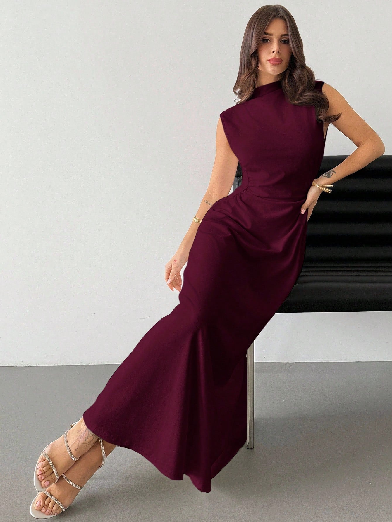 Firerie Elegant Modest Burgundy Summer Dining Dinner Date Dress Women's Ruched A-Line Maxi Mandarin Collar Sleeveless Waist Cinched Bodycon Business Formal