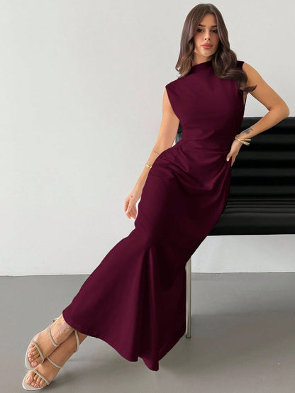 Firerie Elegant Modest Burgundy Summer Dining Dinner Date Dress Women's Ruched A-Line Maxi Mandarin Collar Sleeveless Waist Cinched Bodycon Business Formal