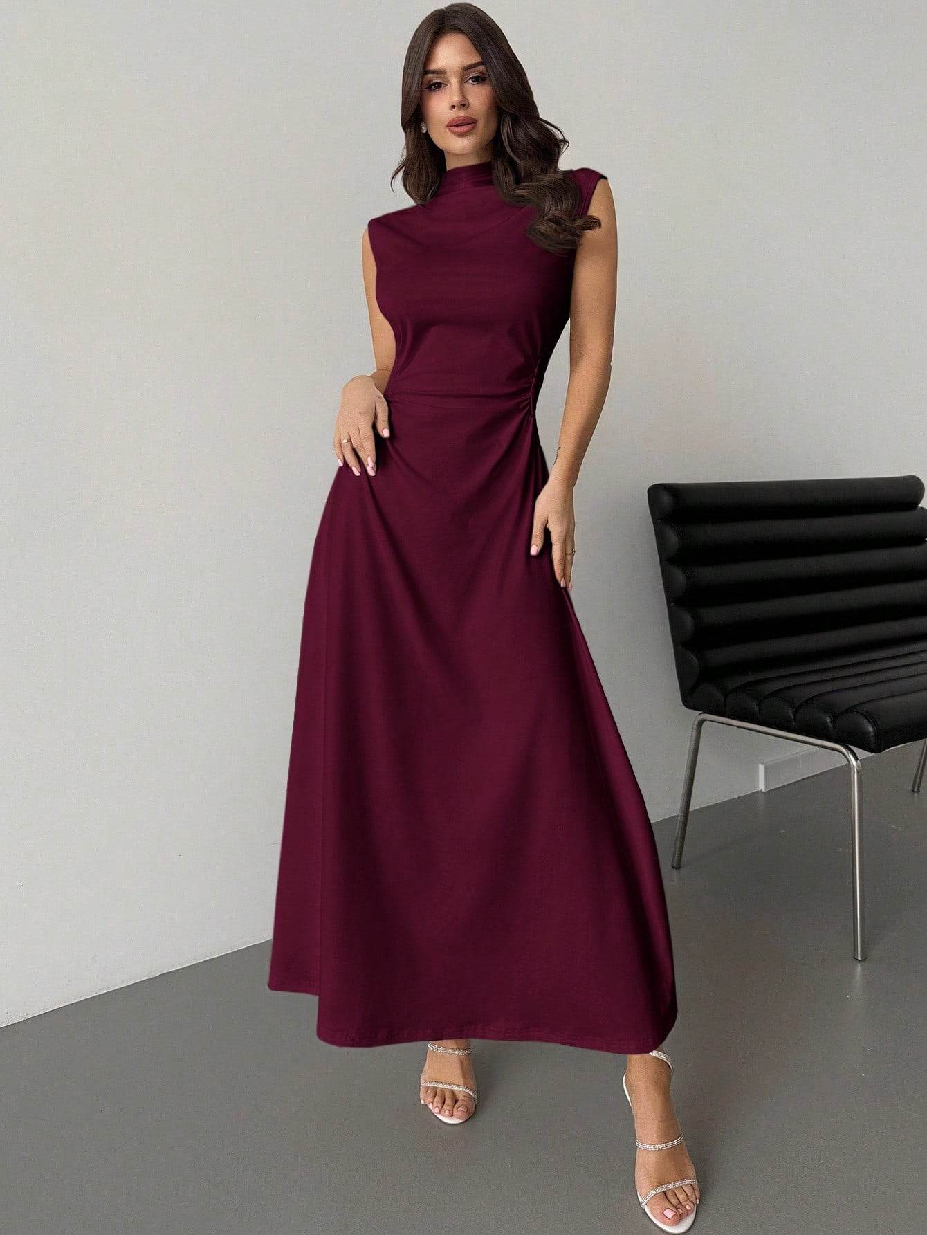 Firerie Elegant Modest Burgundy Summer Dining Dinner Date Dress Women's Ruched A-Line Maxi Mandarin Collar Sleeveless Waist Cinched Bodycon Business Formal