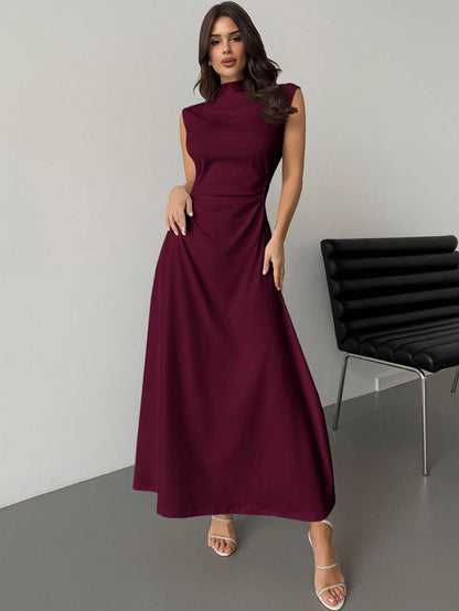 Firerie Elegant Modest Burgundy Summer Dining Dinner Date Dress Women's Ruched A-Line Maxi Mandarin Collar Sleeveless Waist Cinched Bodycon Business Formal
