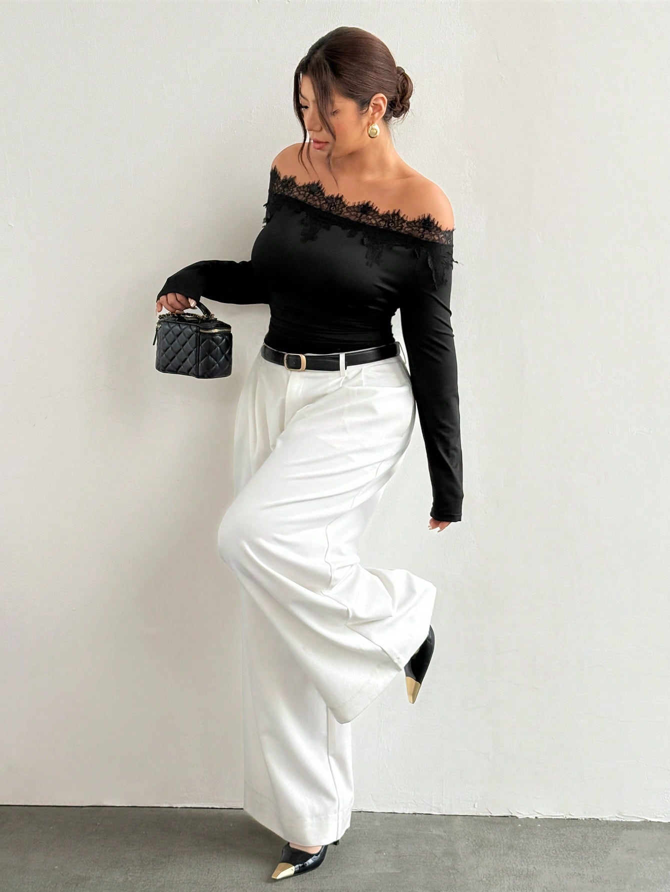 Firerie Plus Size Black Lace Patchwork Asymmetrical Shoulder Long Sleeve Ruched Waist Slimming Fitted Modern Elegant T-Shirt