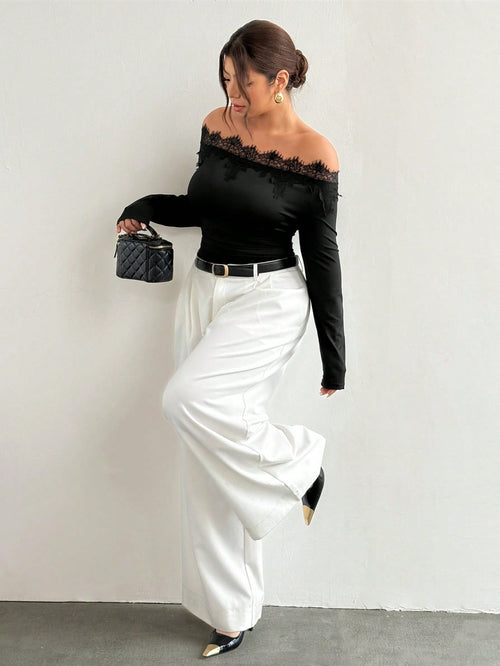 Firerie Plus Size Black Lace Patchwork Asymmetrical Shoulder Long Sleeve Ruched Waist Slimming Fitted Modern Elegant T-Shirt