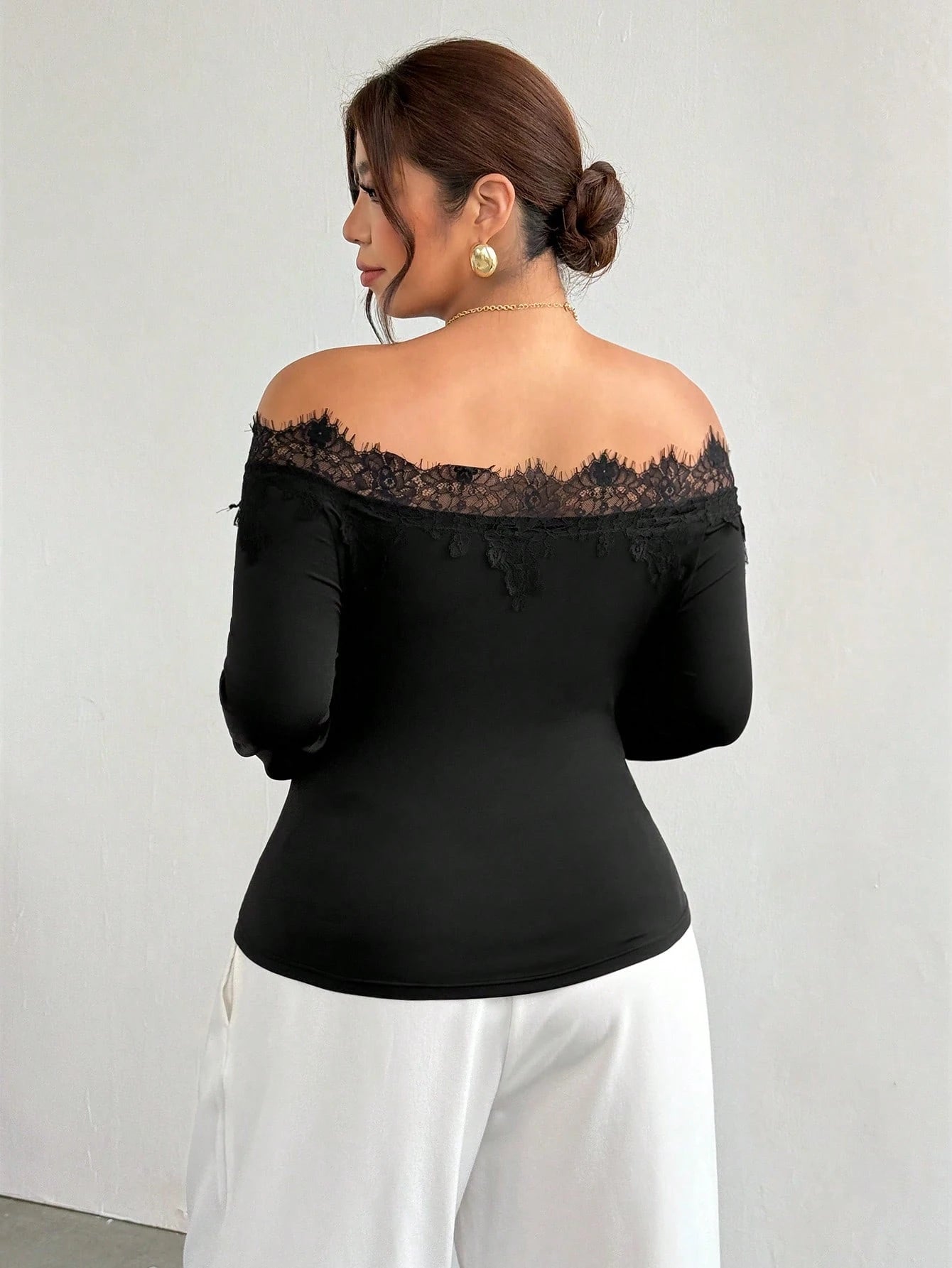 Firerie Plus Size Black Lace Patchwork Asymmetrical Shoulder Long Sleeve Ruched Waist Slimming Fitted Modern Elegant T-Shirt