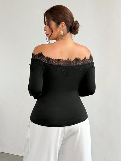 Firerie Plus Size Black Lace Patchwork Asymmetrical Shoulder Long Sleeve Ruched Waist Slimming Fitted Modern Elegant T-Shirt