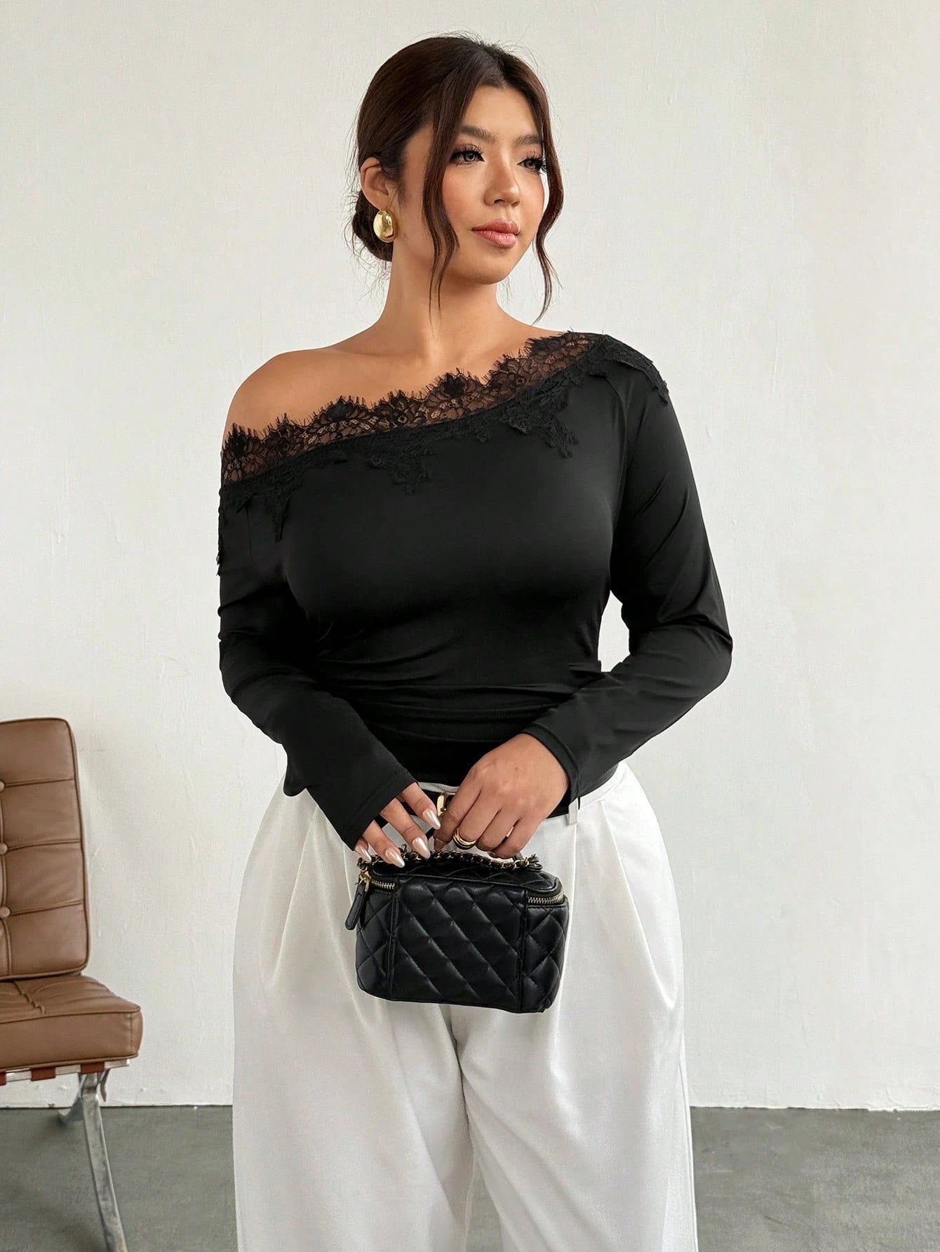 Firerie Plus Size Black Lace Patchwork Asymmetrical Shoulder Long Sleeve Ruched Waist Slimming Fitted Modern Elegant T-Shirt