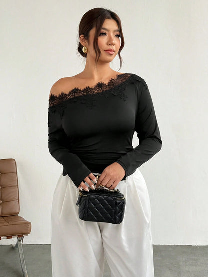 Firerie Plus Size Black Lace Patchwork Asymmetrical Shoulder Long Sleeve Ruched Waist Slimming Fitted Modern Elegant T-Shirt