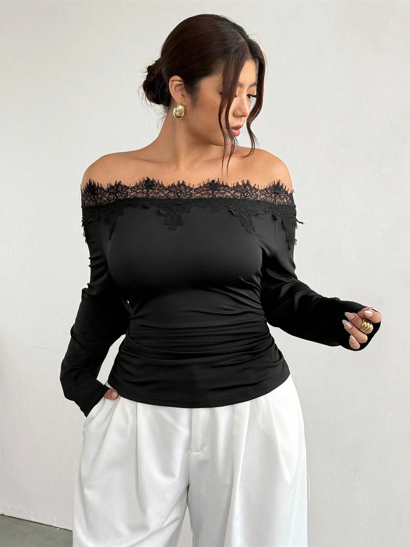 Firerie Plus Size Black Lace Patchwork Asymmetrical Shoulder Long Sleeve Ruched Waist Slimming Fitted Modern Elegant T-Shirt