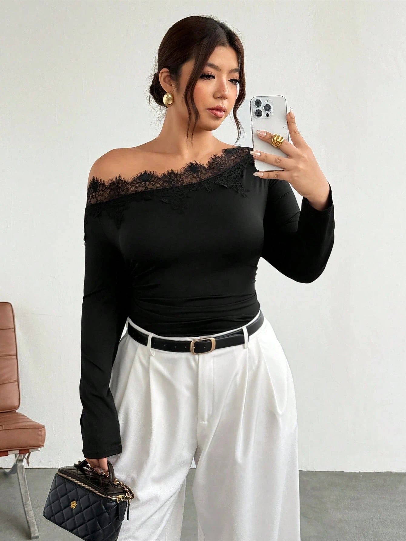 Firerie Plus Size Black Lace Patchwork Asymmetrical Shoulder Long Sleeve Ruched Waist Slimming Fitted Modern Elegant T-Shirt