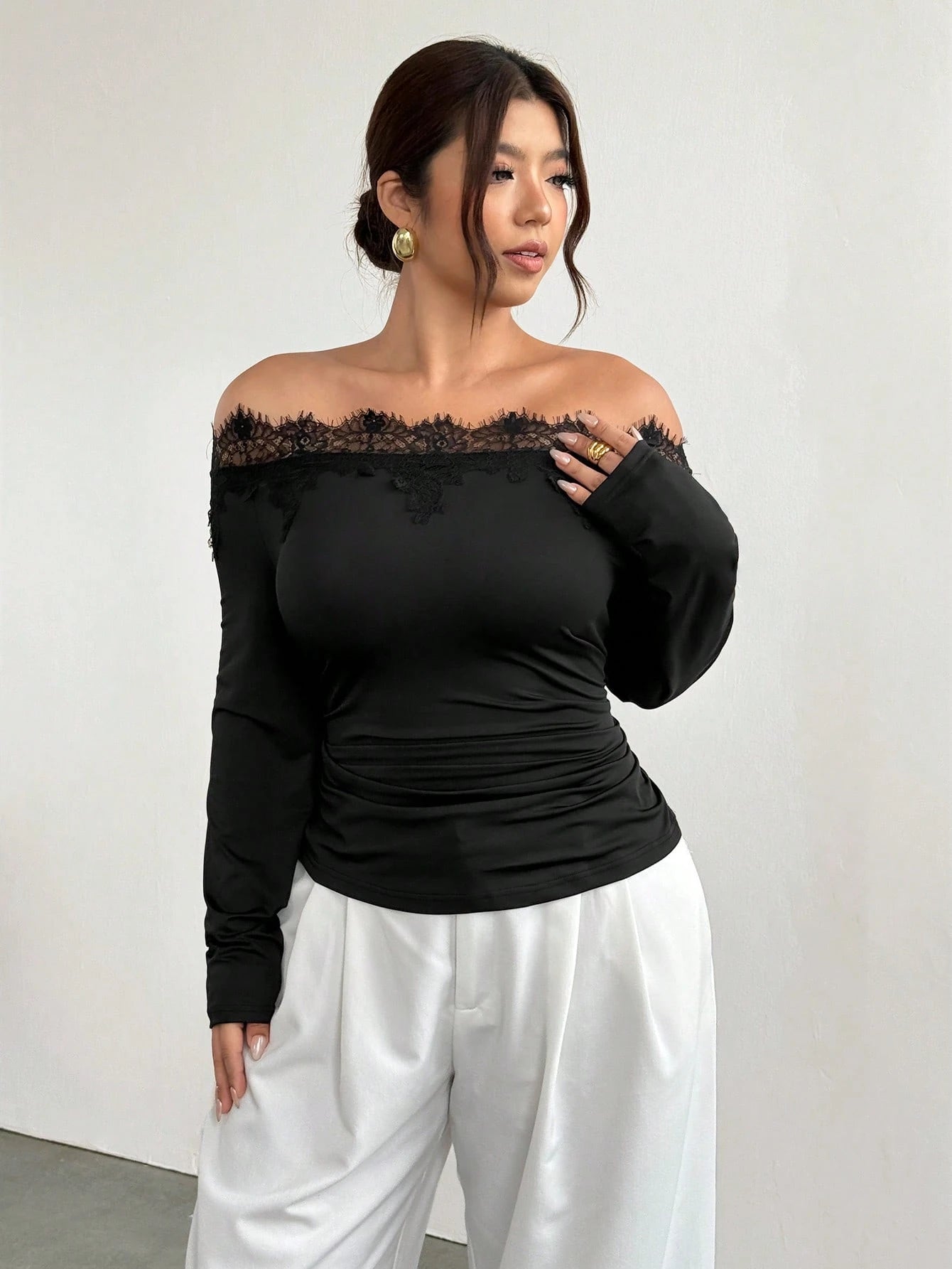 Firerie Plus Size Black Lace Patchwork Asymmetrical Shoulder Long Sleeve Ruched Waist Slimming Fitted Modern Elegant T-Shirt