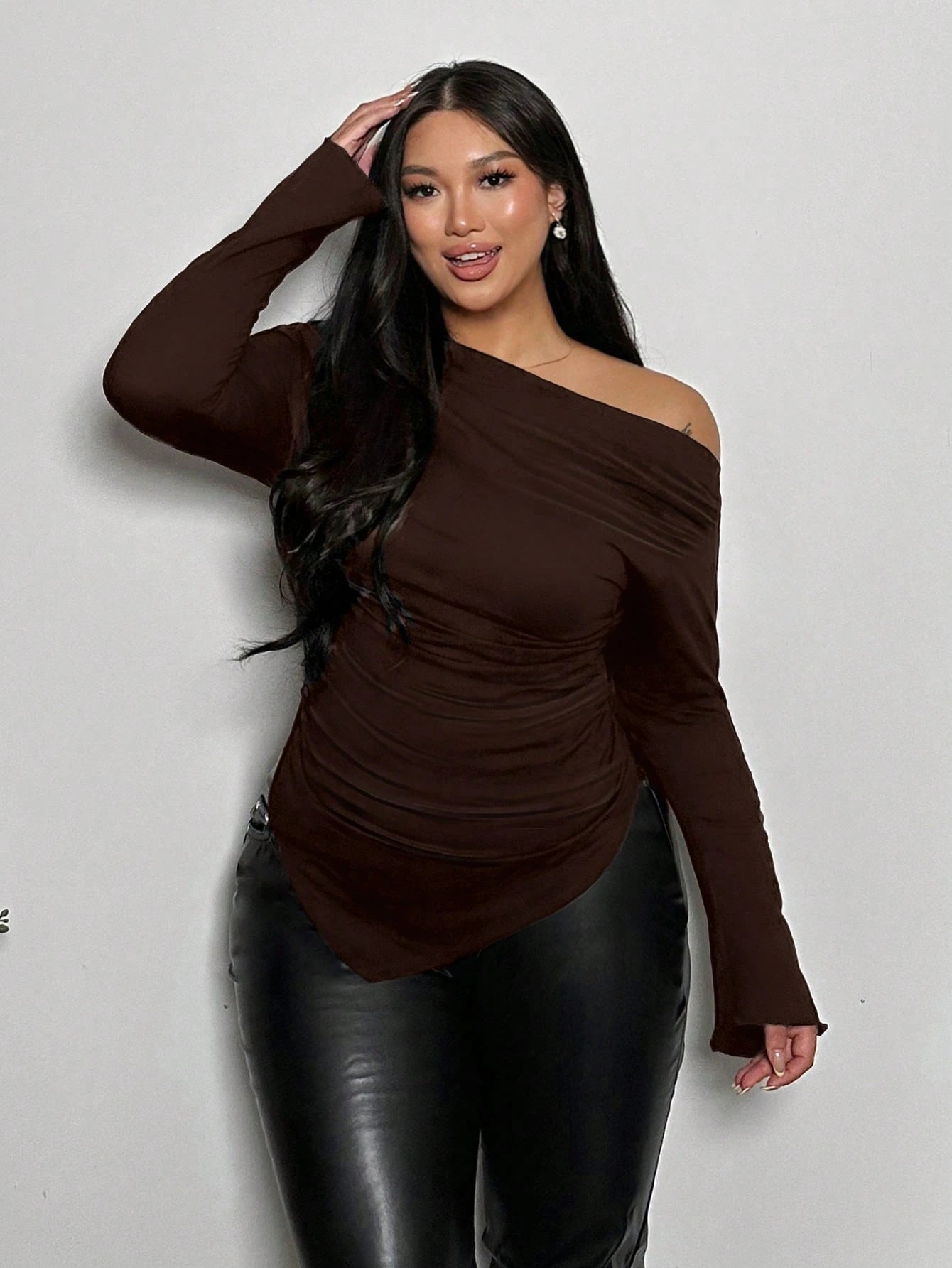 Firerie Plus Size Women Brown Solid Asymmetric Hem Ruched Shoulder Long Sleeve Fitted Fashionable T-Shirt/Winter