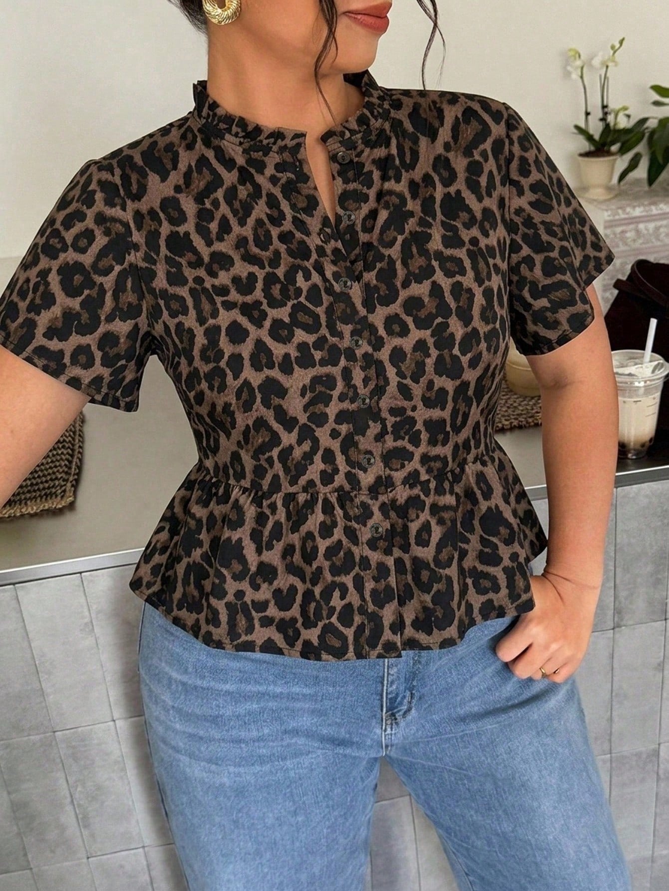 Firerie Plus Size Women's Leopard Print Single Breasted Waist-Cinching Short Sleeve Shirt