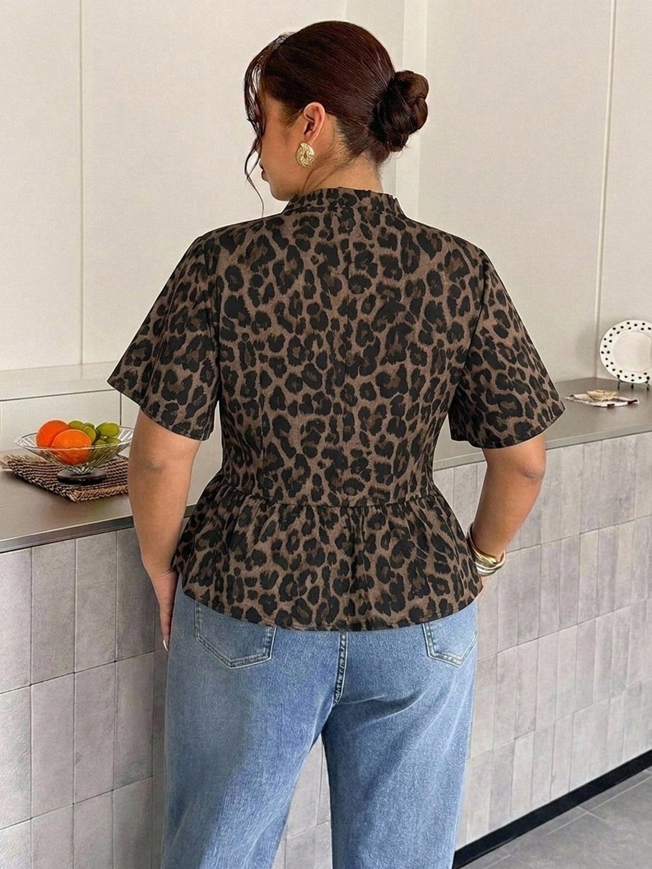 Firerie Plus Size Women's Leopard Print Single Breasted Waist-Cinching Short Sleeve Shirt