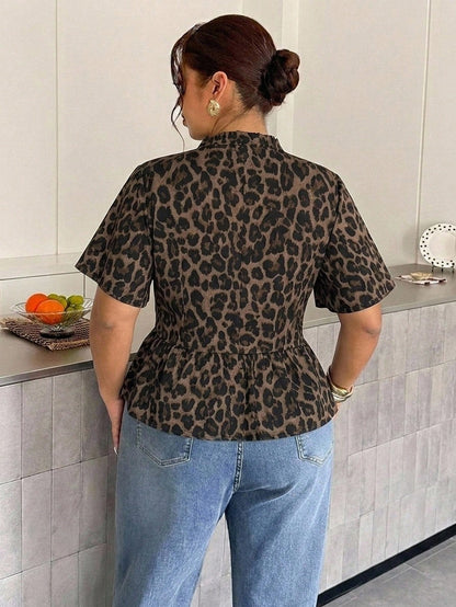 Firerie Plus Size Women's Leopard Print Single Breasted Waist-Cinching Short Sleeve Shirt