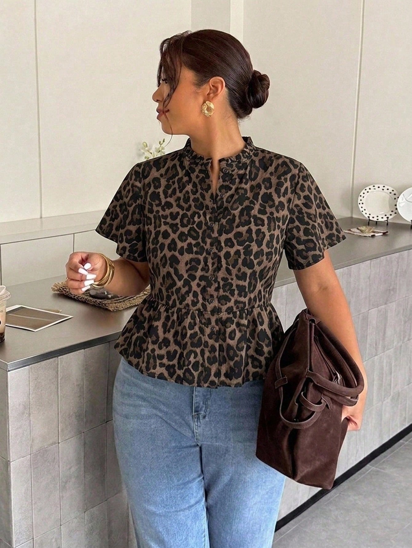 Firerie Plus Size Women's Leopard Print Single Breasted Waist-Cinching Short Sleeve Shirt