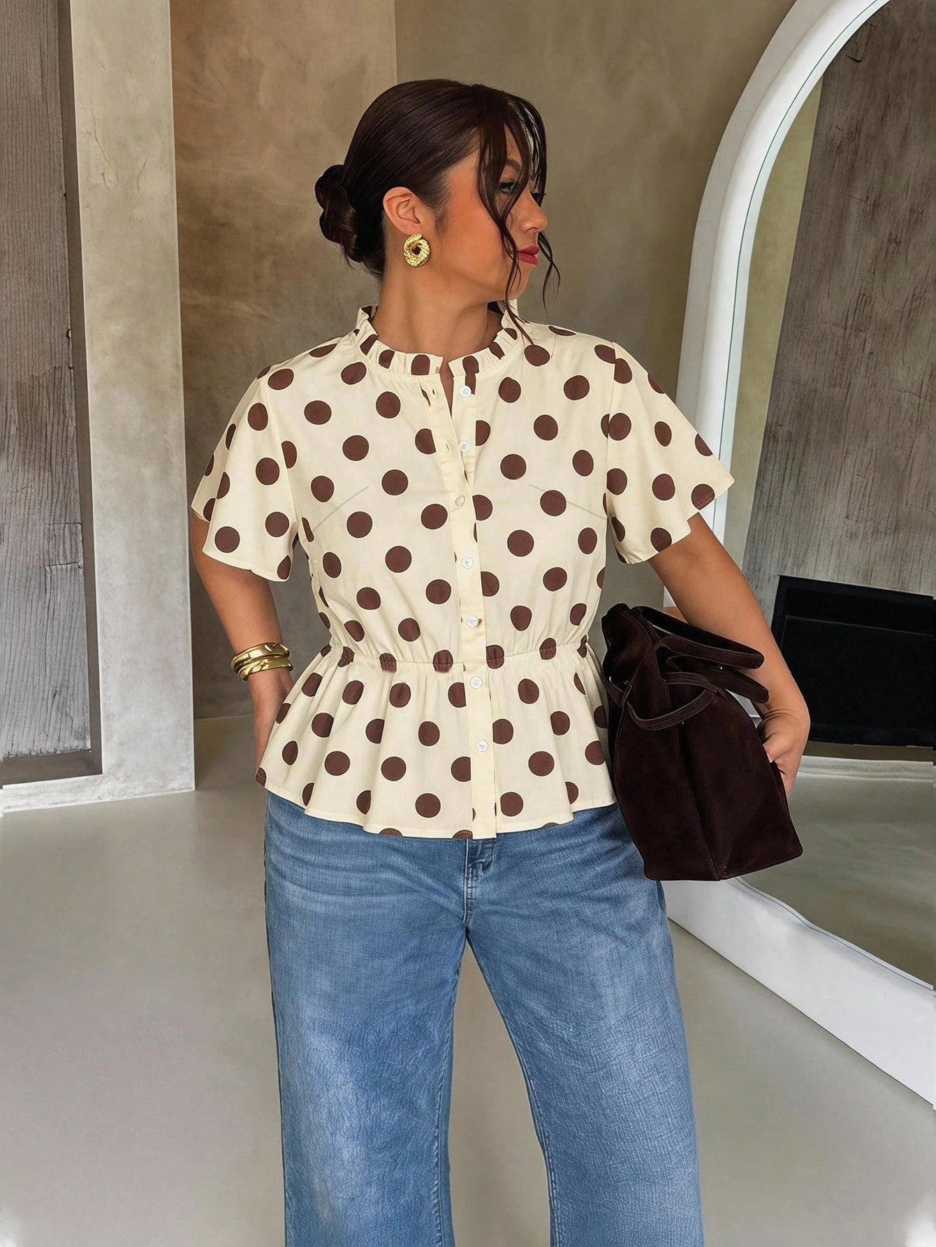 Firerie Plus Size Women's Leopard Print Single Breasted Waist-Cinching Short Sleeve Shirt