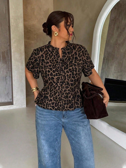 Firerie Plus Size Women's Leopard Print Single Breasted Waist-Cinching Short Sleeve Shirt