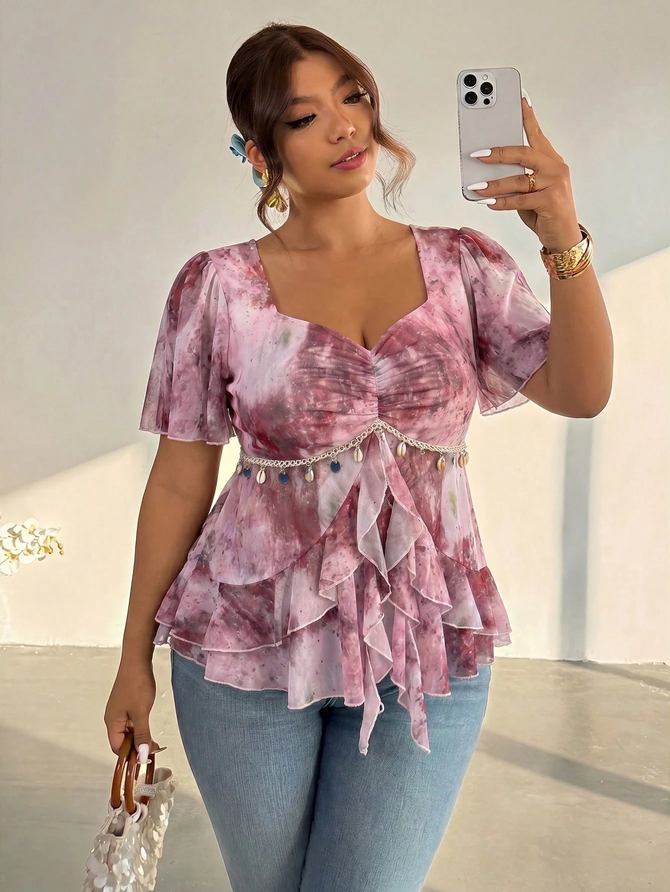 Firerie Plus Size Women Sweetheart Collar Pleated Ruffle Hem Blouse
