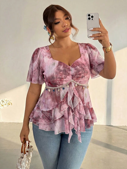 Firerie Plus Size Women Sweetheart Collar Pleated Ruffle Hem Blouse