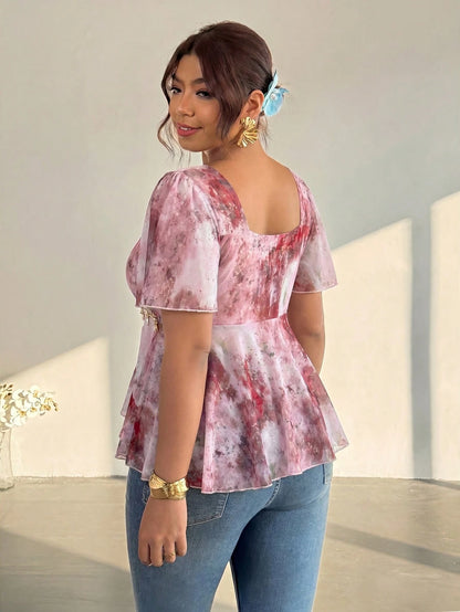 Firerie Plus Size Women Sweetheart Collar Pleated Ruffle Hem Blouse