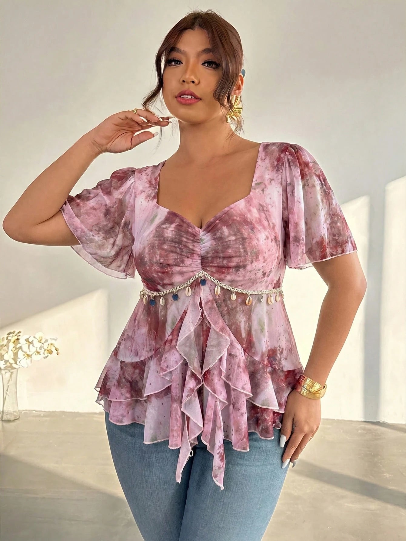 Firerie Plus Size Women Sweetheart Collar Pleated Ruffle Hem Blouse