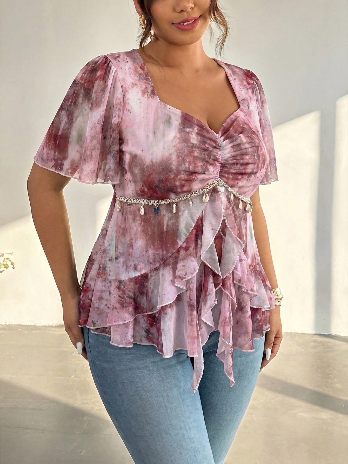 Firerie Plus Size Women Sweetheart Collar Pleated Ruffle Hem Blouse