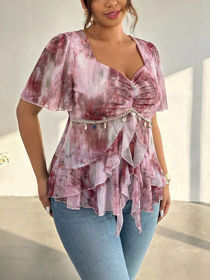 Firerie Plus Size Women Sweetheart Collar Pleated Ruffle Hem Blouse