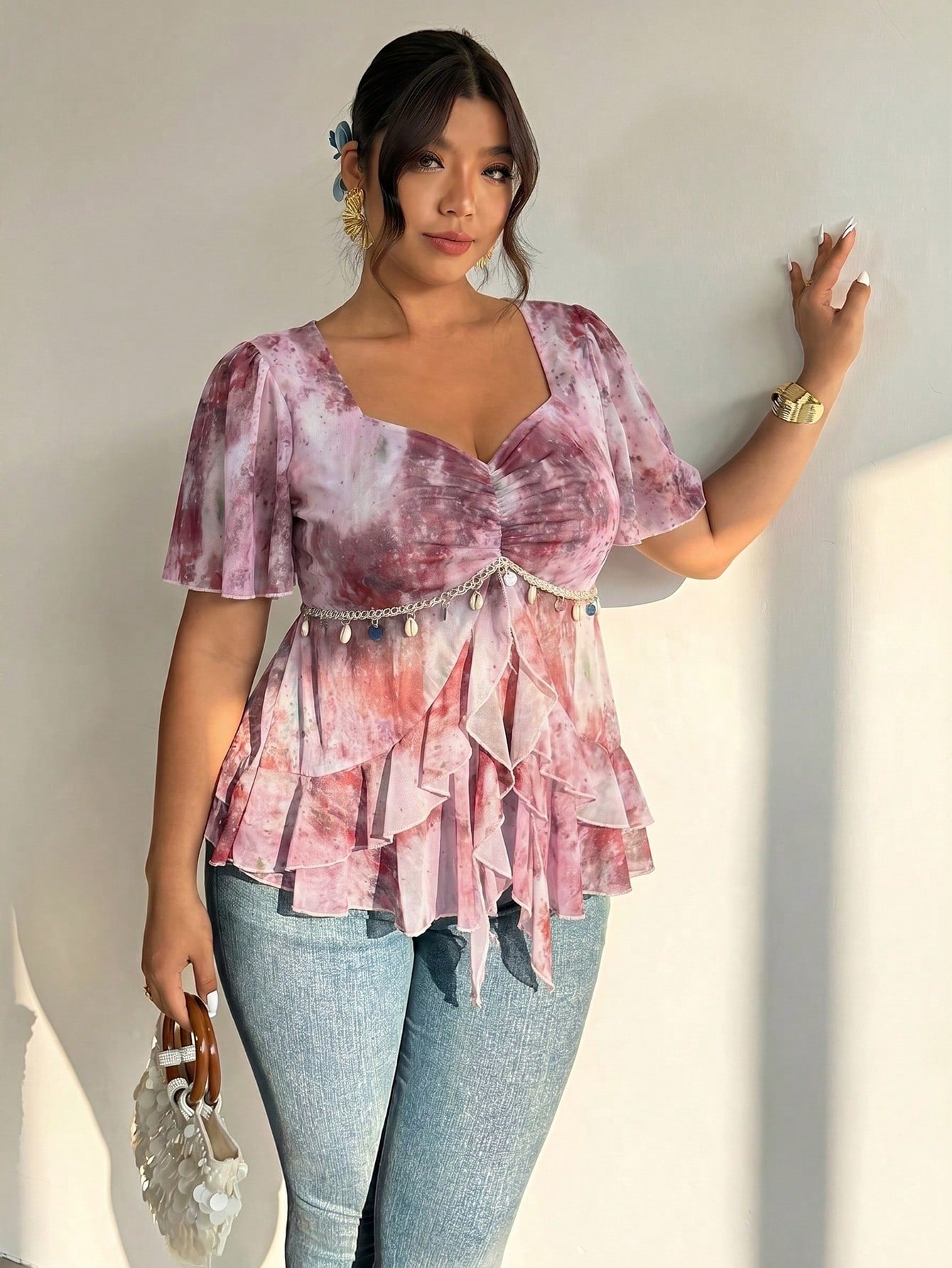 Firerie Plus Size Women Sweetheart Collar Pleated Ruffle Hem Blouse