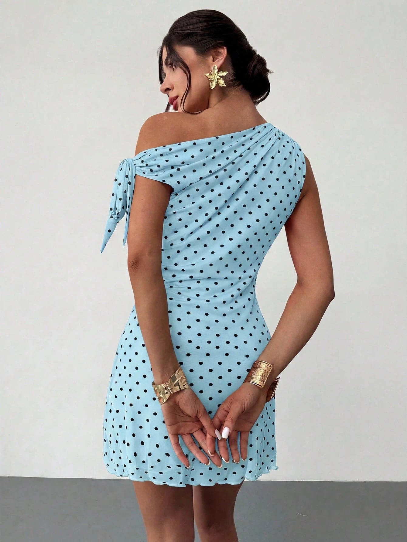 Firerie Women's Blue Polka Dot Summer 90s Retro Tea Party Dress,Asymmetrical Off-Shoulder Mesh Elegant Vacation Mini Dress,Beachwear,Hawaiian,Prom Dress