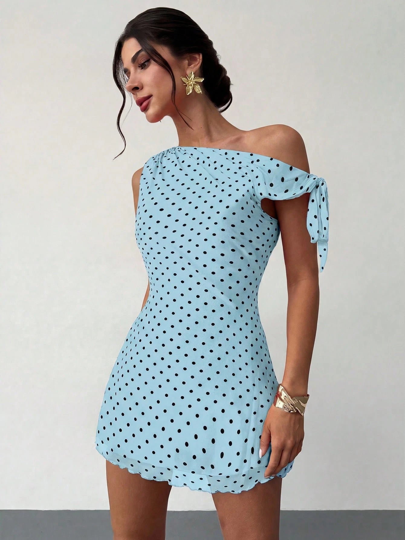 Firerie Women's Blue Polka Dot Summer 90s Retro Tea Party Dress,Asymmetrical Off-Shoulder Mesh Elegant Vacation Mini Dress,Beachwear,Hawaiian,Prom Dress