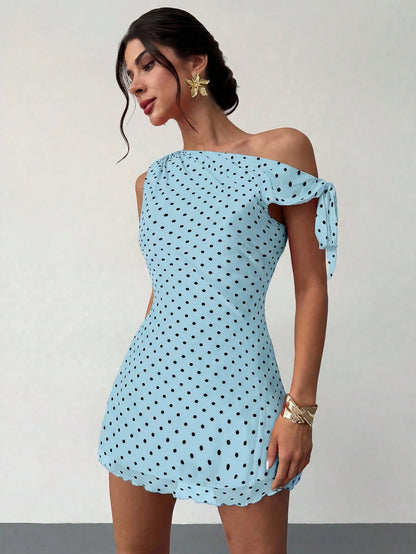 Firerie Women's Blue Polka Dot Summer 90s Retro Tea Party Dress,Asymmetrical Off-Shoulder Mesh Elegant Vacation Mini Dress,Beachwear,Hawaiian,Prom Dress
