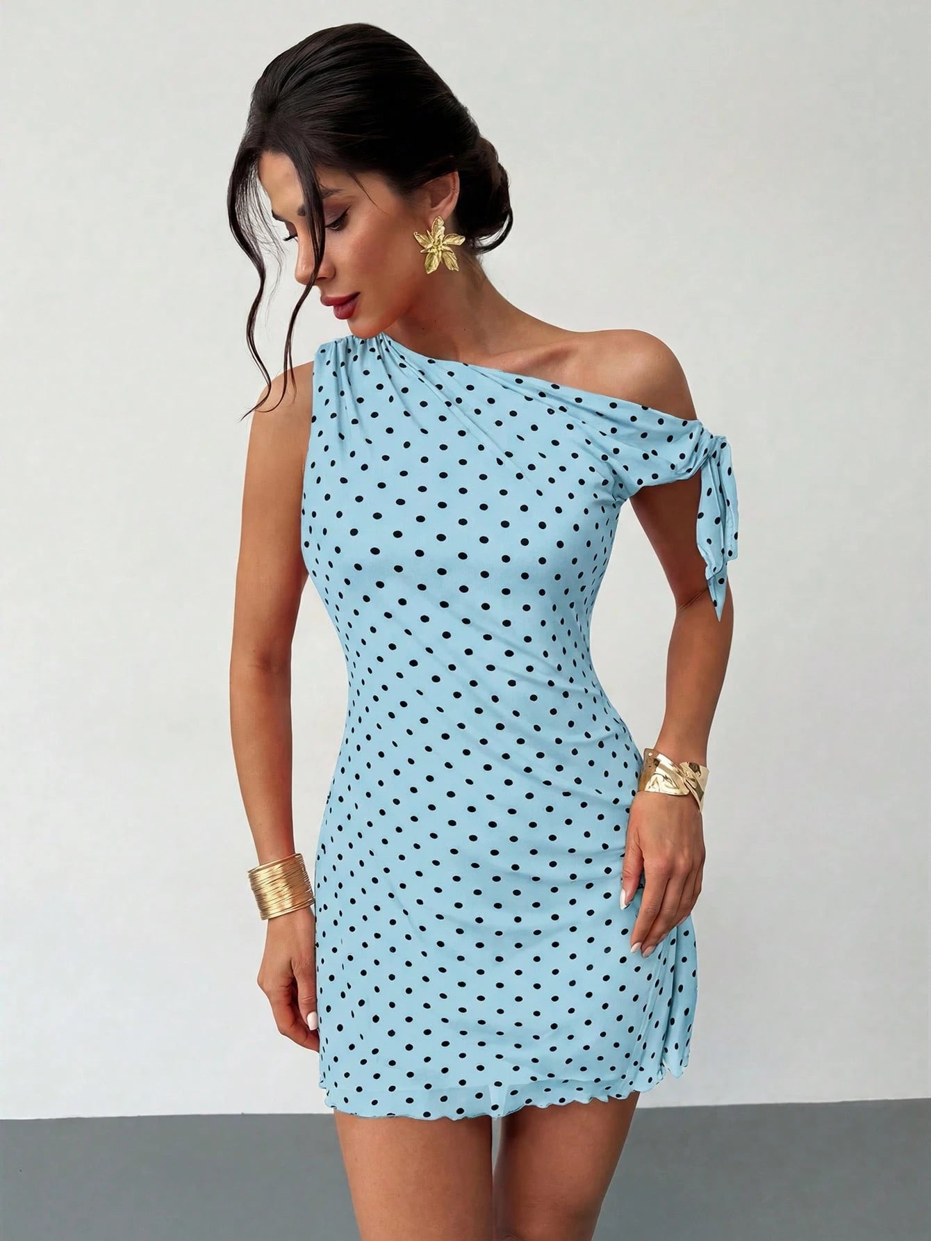 Firerie Women's Blue Polka Dot Summer 90s Retro Tea Party Dress,Asymmetrical Off-Shoulder Mesh Elegant Vacation Mini Dress,Beachwear,Hawaiian,Prom Dress